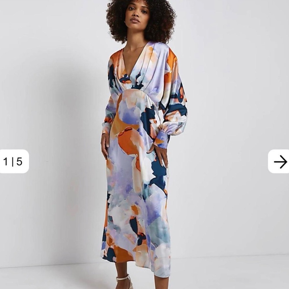 River Island satin Abstract Watercolor Midi Dress in Orange, Blue & Lavender